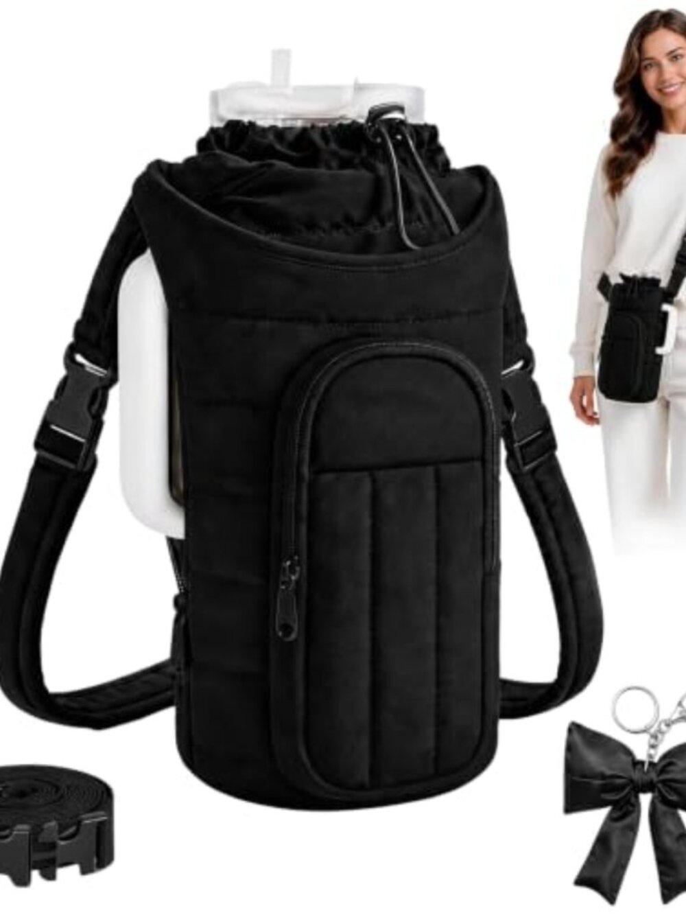 Quilted Water Bottle Carrier Bag Crossbody Shoulder Strap Fits 30oz 40oz Tumbler